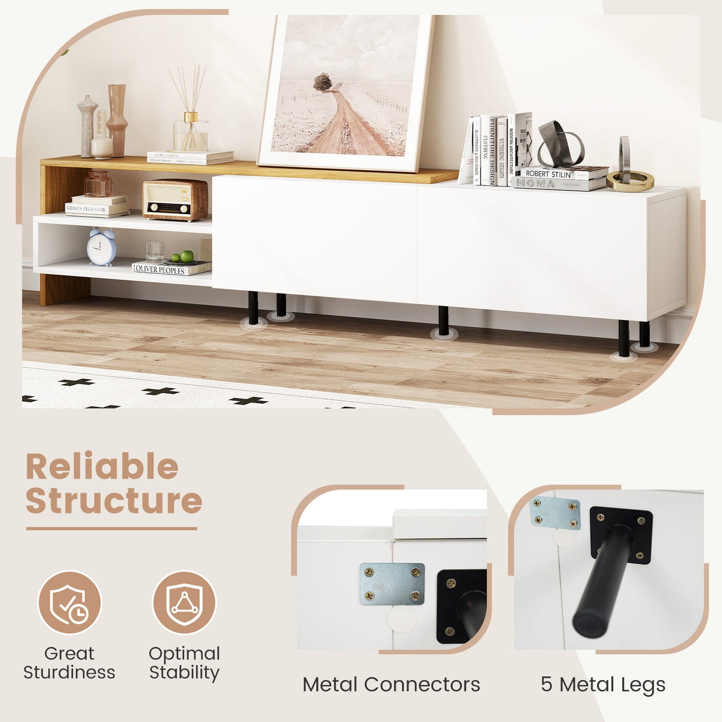 Modern TV Stand for 80 Inches TVs with Storage Shelves and Cabinets, White