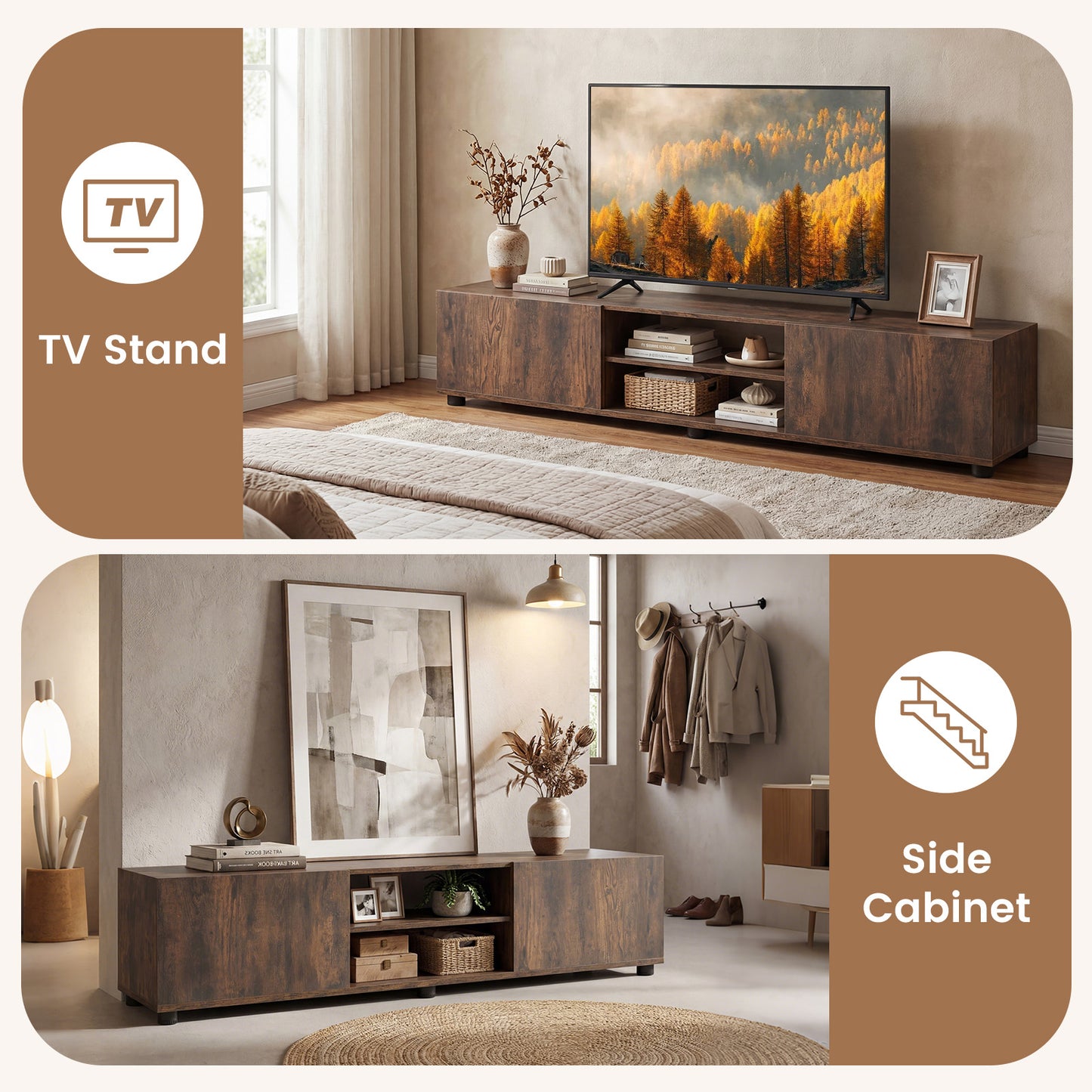 Modern TV Stand For 70" TVs, 2 Doors And Shelves, Brown