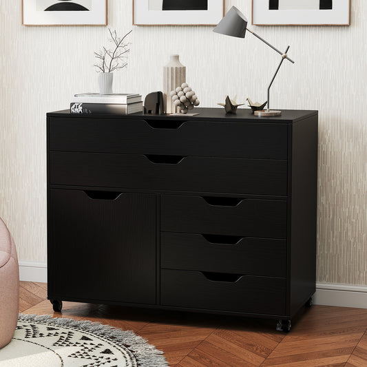 Modern Vertical 5-Drawer Mobile Chest with Door 5 Casters, Black File Cabinets Black at Gallery Canada