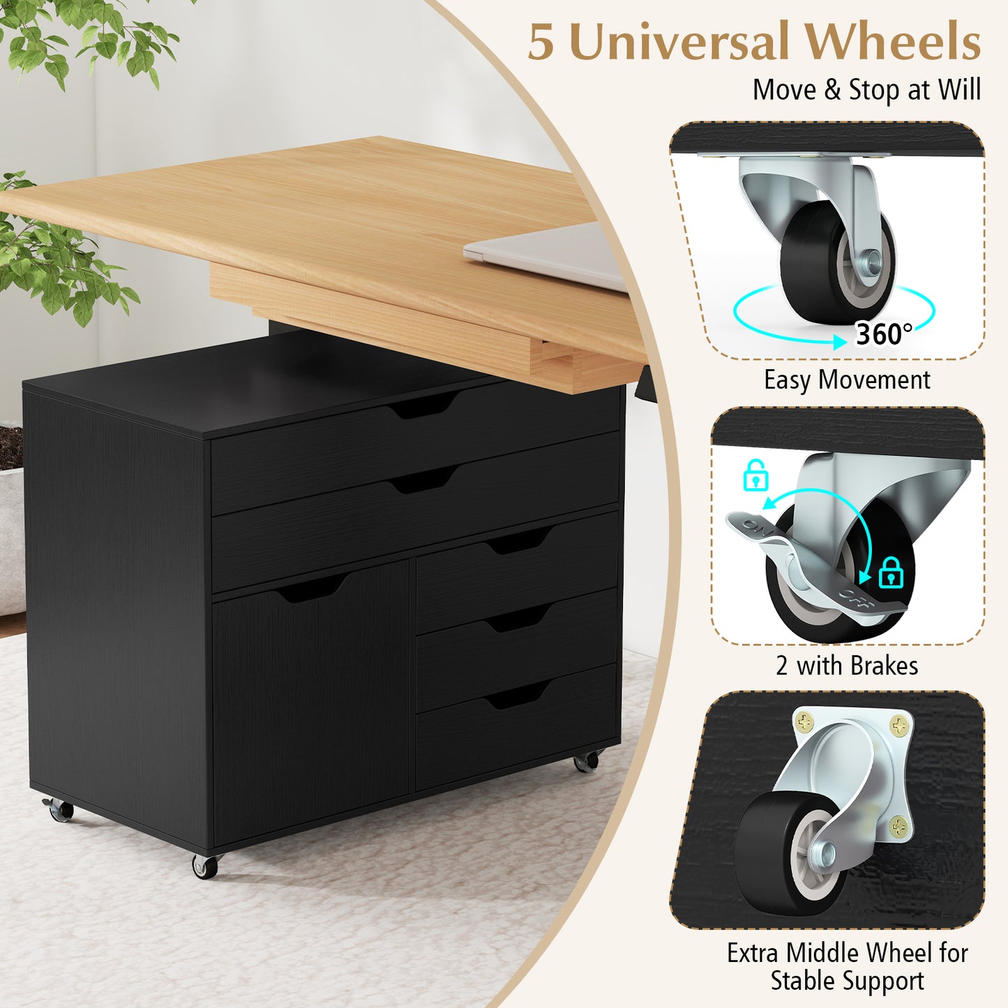 Modern Vertical 5-Drawer Mobile Chest with Door 5 Casters, Black File Cabinets at Gallery Canada