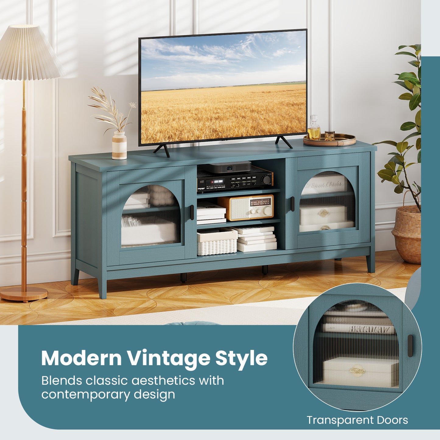Vintage TV Cabinet, Adjustable Shelves, 65 Inches, Turquoise Entertainment Centers & TV Stands at Gallery Canada