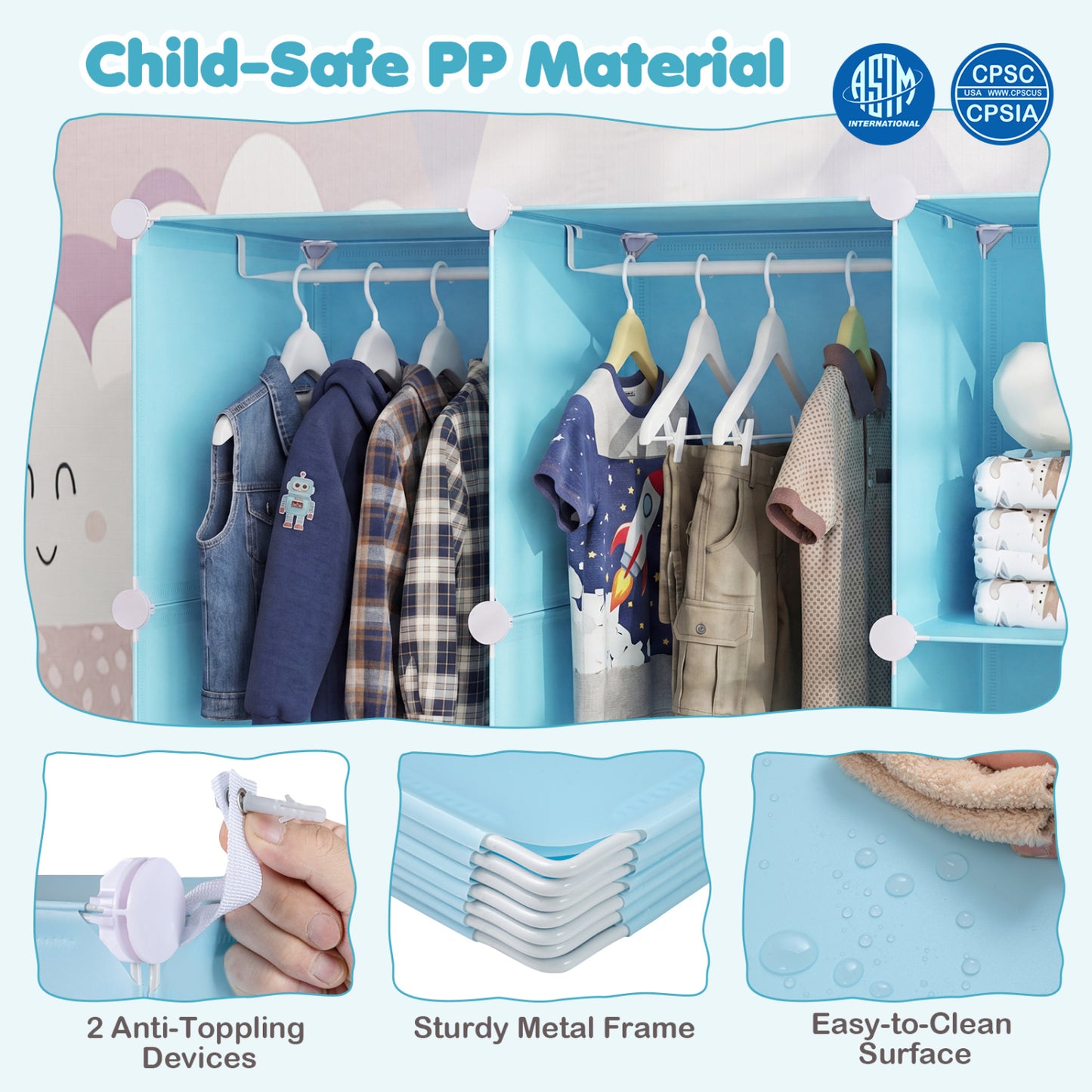 Modular Baby Wardrobe with 13 Cubes and Hanging Rod and Shelves Stackable, Blue