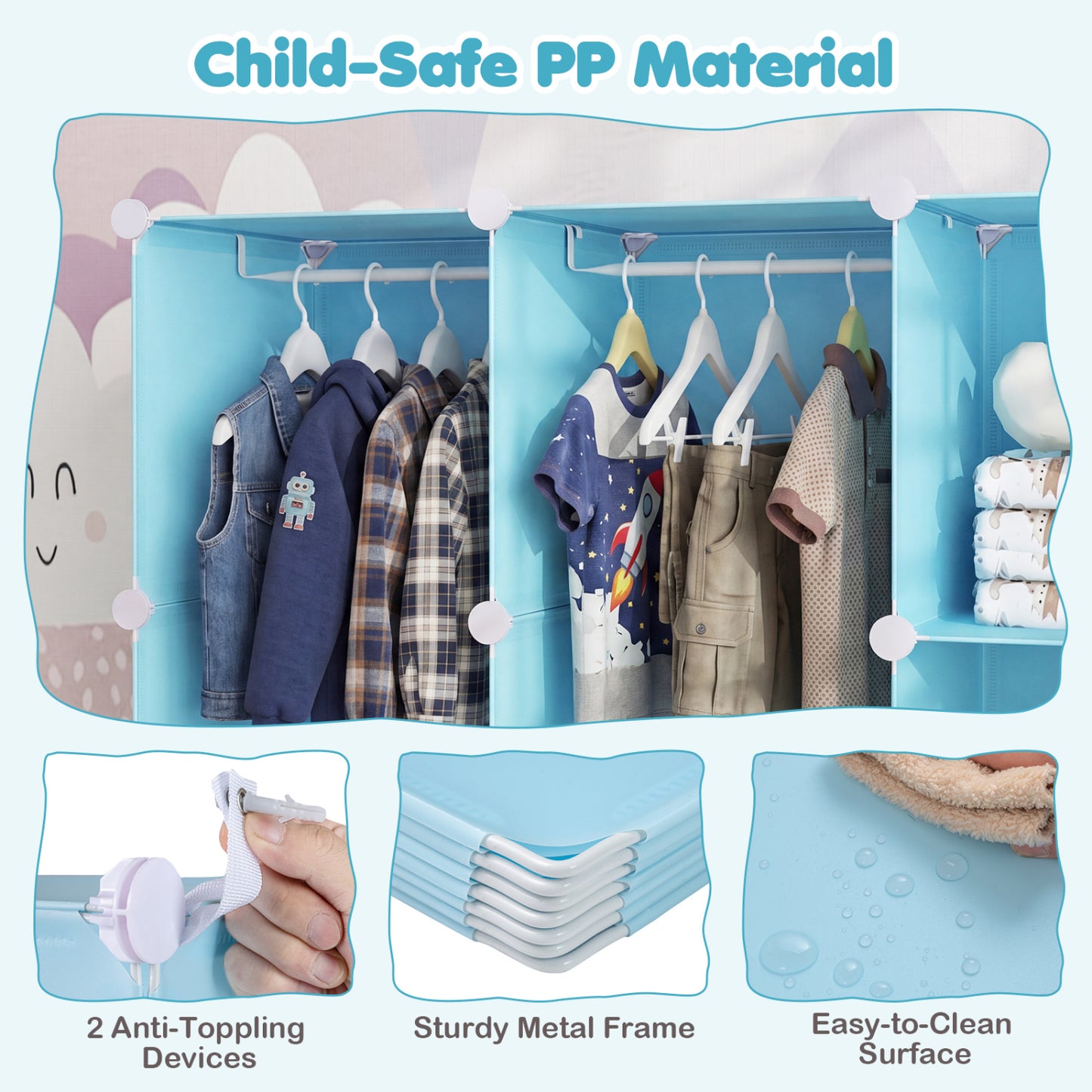 Modular Baby Wardrobe with 10 Cubes & Hanging Rod and Shelves Stackable, Blue