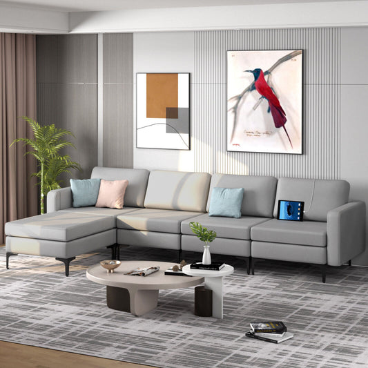 Modular L-Shaped Sectional Sofa, Reversible Ottoman, 2 USB Ports, Light Gray Sofas & Loveseats Light Gray at Gallery Canada