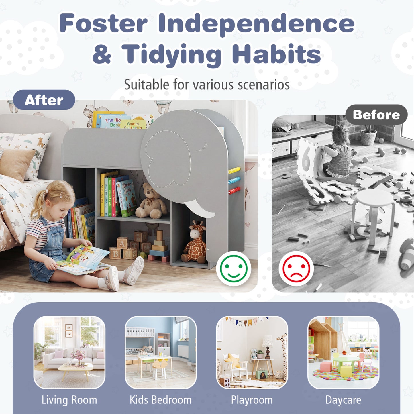 Montessori Bookshelf with Elephant Shape 3-Tier Toddler Toy Storage Organizer-Grey, Gray Kids Storage at Gallery Canada