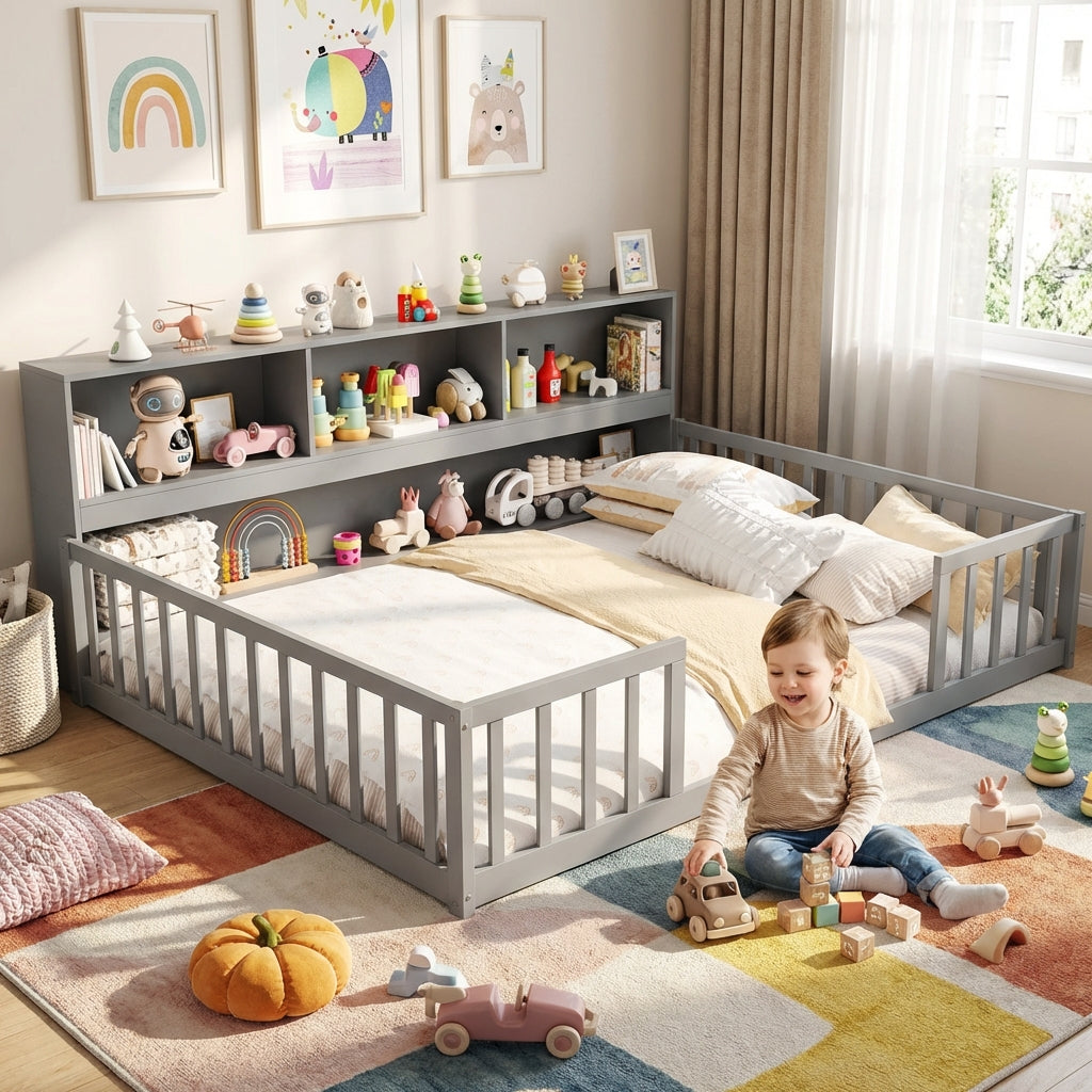 Montessori Twin Floor Bed and Kids Toy Storage Cabinet Bundle, Gray Toddler Beds at Gallery Canada