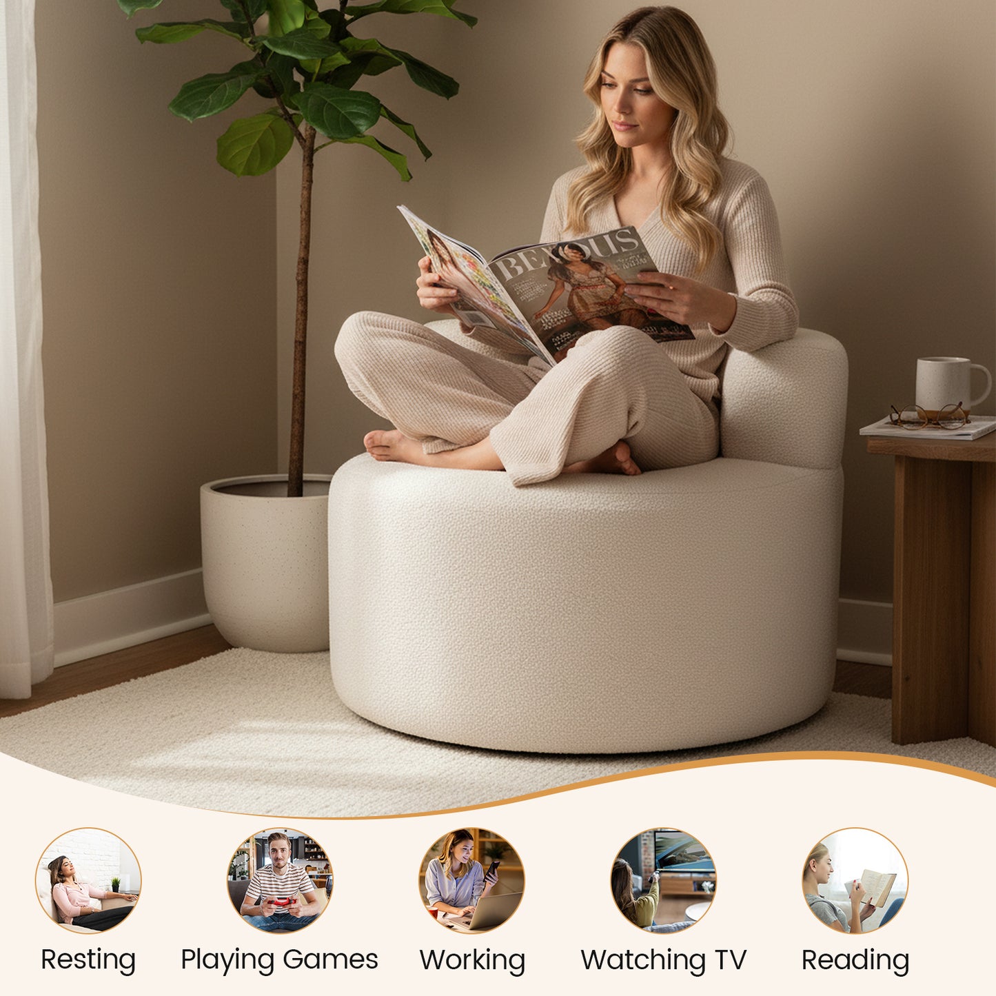 Moon-Shaped Floor Single Sofa Chair with Soft Teddy Fleece, Beige Sofas & Loveseats at Gallery Canada