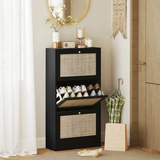 Rattan Shoe Storage Cabinet, 3 Flip Drawers, Adjustable Shelves, 18 Pairs, Black Shoe Storage Cabinets & Racks Black, Natural Wood at Gallery Canada