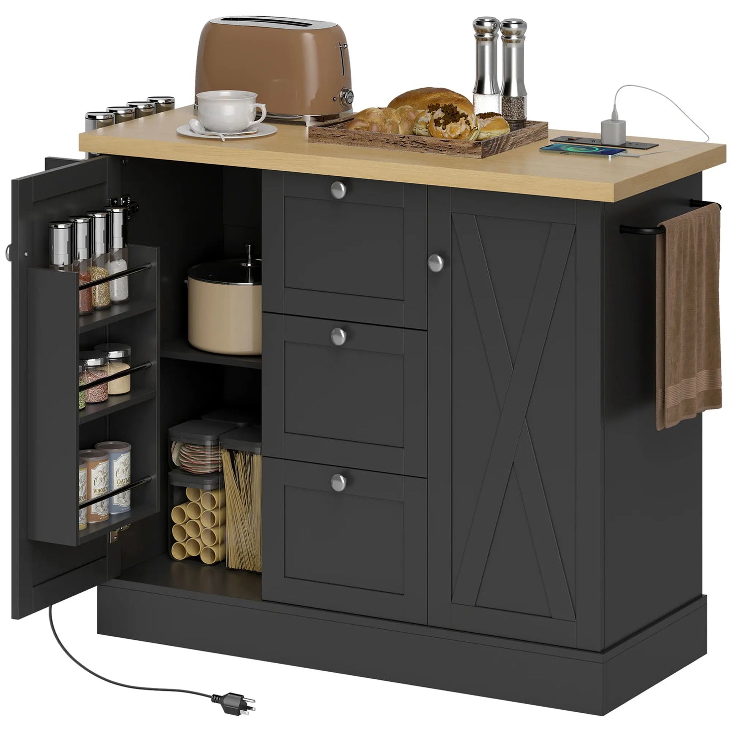 Farmhouse Kitchen Island Cart with Power Outlet, 49 Inch, Black Kitchen Islands & Kitchen Carts at Gallery Canada