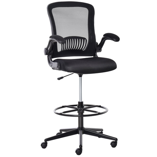 Tall Drafting Desk Chair Office Mesh Standing Chair with Foot Ring, Flip-up Arm, 360° Swivel Wheels, Black at Gallery Canada