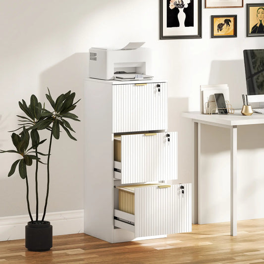 Lockable Filing Cabinet, 3 Fluted Drawers, Adjustable Hanging Rails, White Office Cabinets & Cupboards White at Gallery Canada