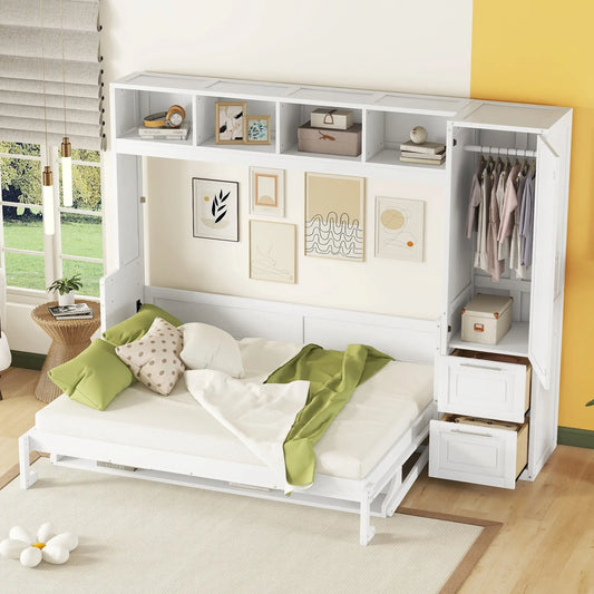 Murphy Bed with Side Flip, Closet, Drawers, 112" L x 21.5" W x 78.5" H, White Bed Frames White at Gallery Canada