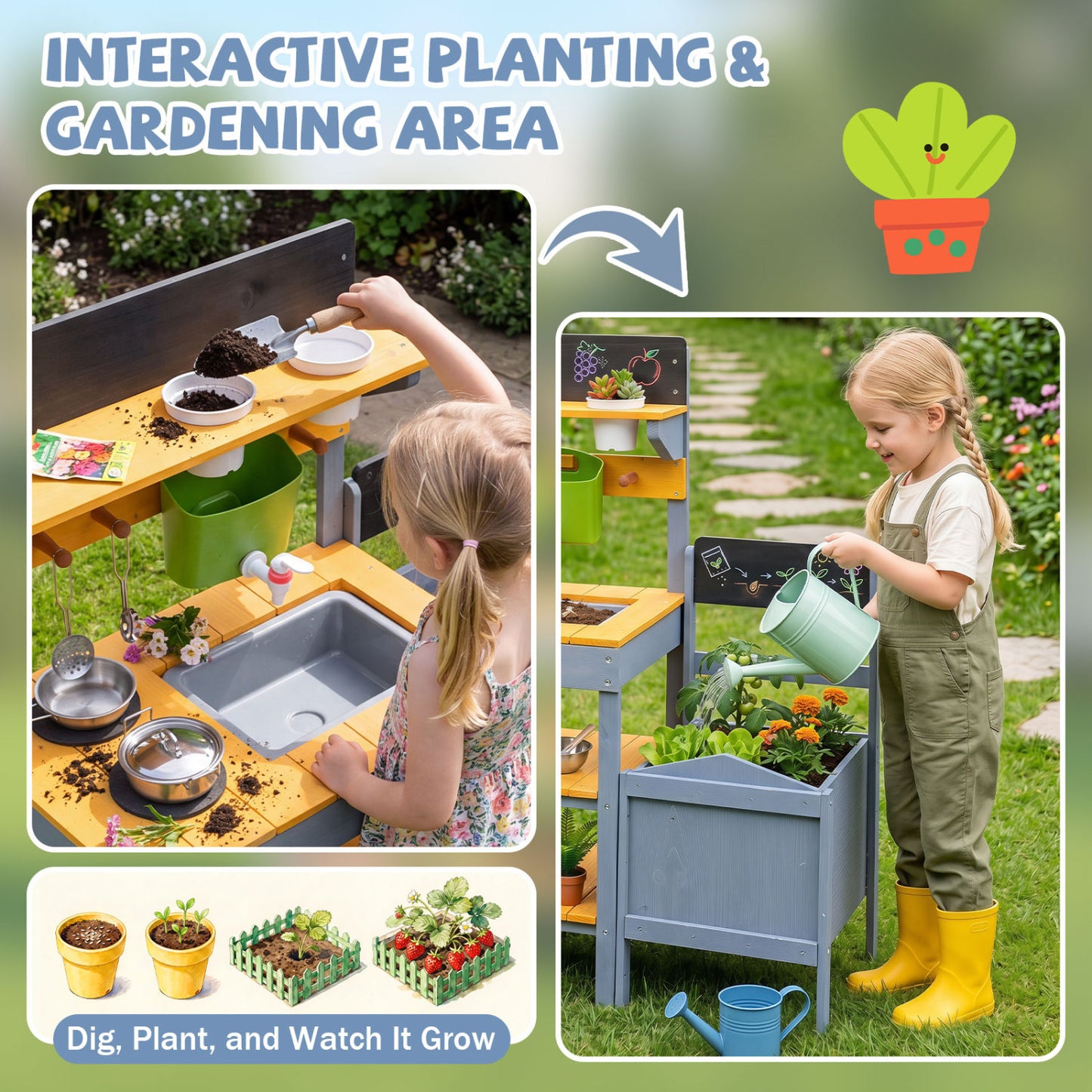 Mud Kitchen Set for Kids with Water Reservoir, Yellow