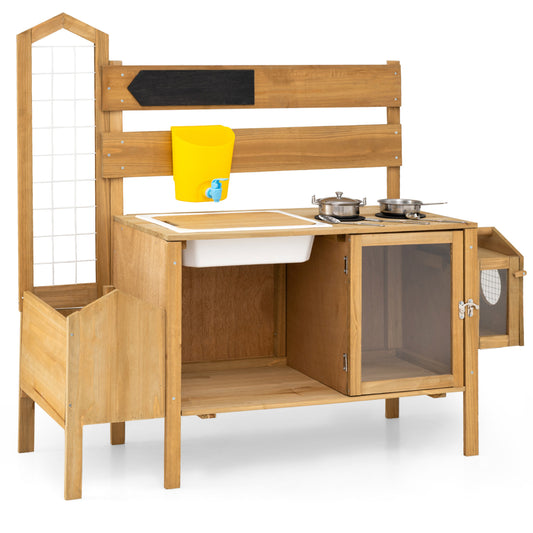 Mud Kitchen for Kids with Detachable Bird Cage and Stoves, Natural Play Kitchen Sets Natural at Gallery Canada
