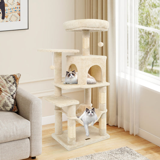 Multi-Level Cat Tower with 2-Door Condo and Padded Top Perch, Beige Cat Trees Condos & Scratchers Beige at Gallery Canada