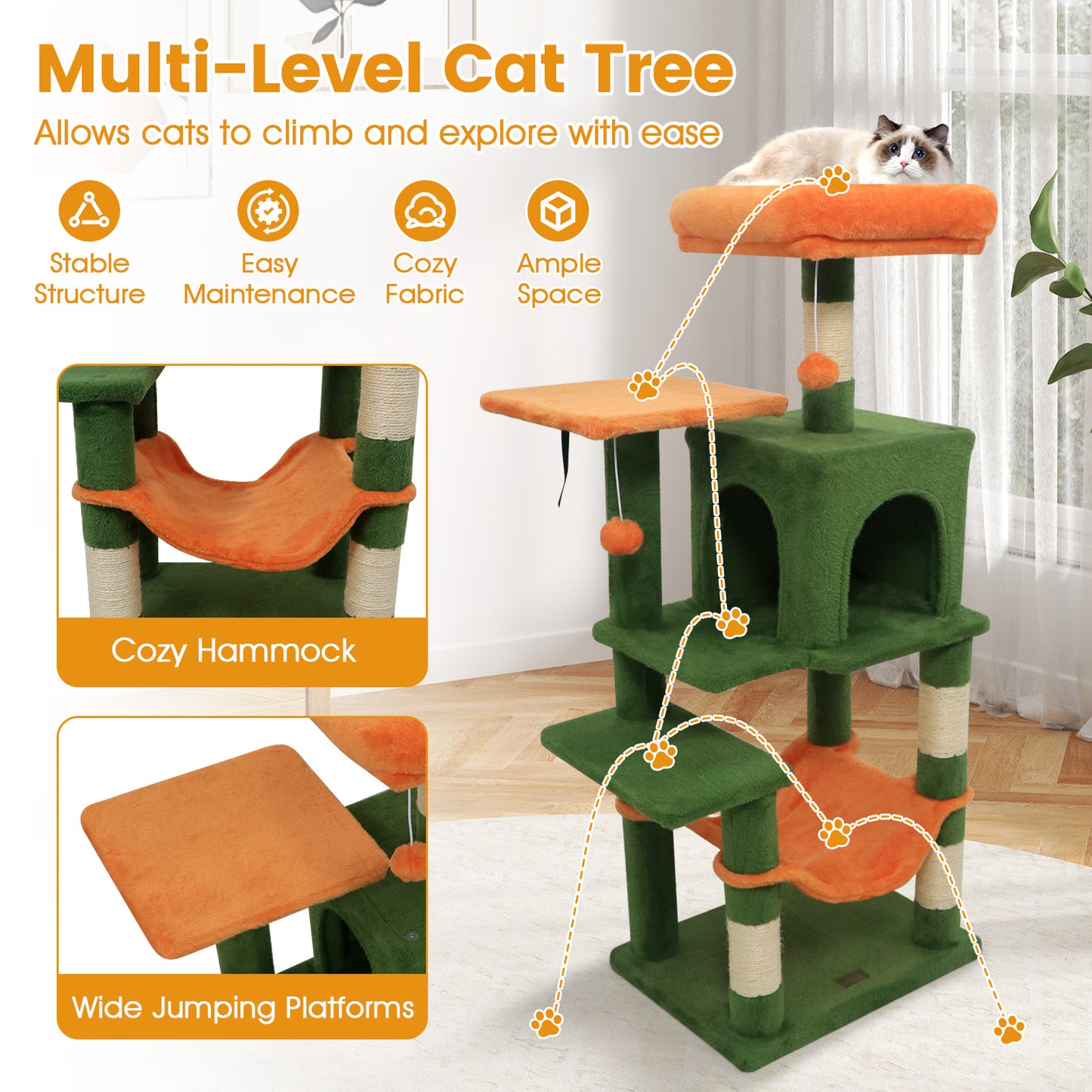 Multi-Level Cat Tower, 2-Door Condo, Padded Top Perch, Green Cat Trees Condos & Scratchers at Gallery Canada