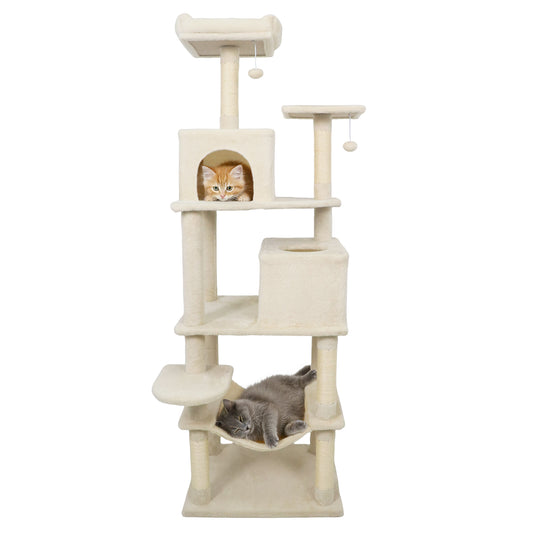 Multi-Level Cat Tree With Upholstered Perch, 2 Condos, Beige