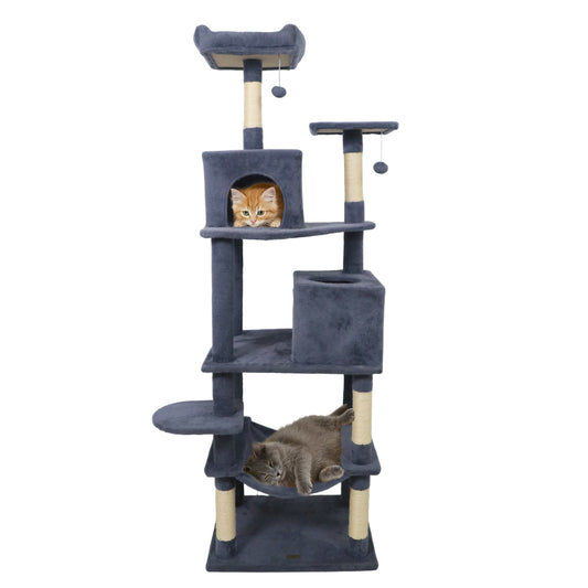 Modern Cat Tree, Multi-Level Tower With Upholstered Perch, 2 Condos, Dark Gray