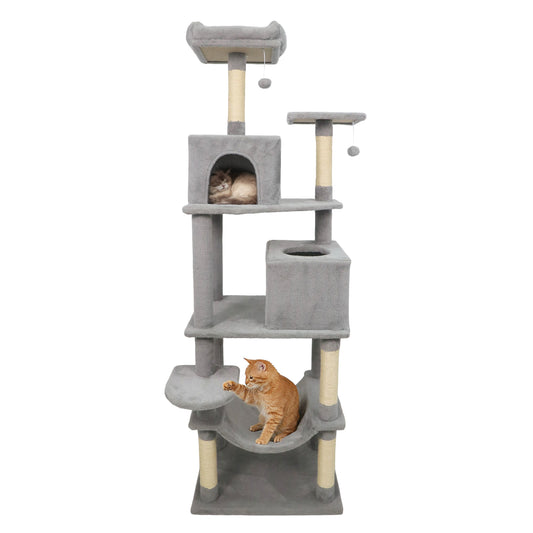 Multi-Level Cat Tree, Upholstered Perch, 2 Cat Condo, Gray