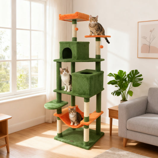Multi-Level Cat Tree, Modern Cat Tower, Upholstered Perch, 2 Cat Condo, Green