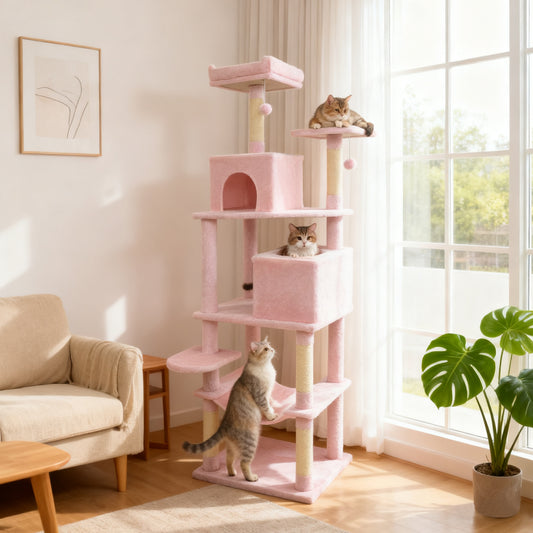 Multi-Level Cat Tree Tower, Upholstered Perch, 2 Condos, Pink