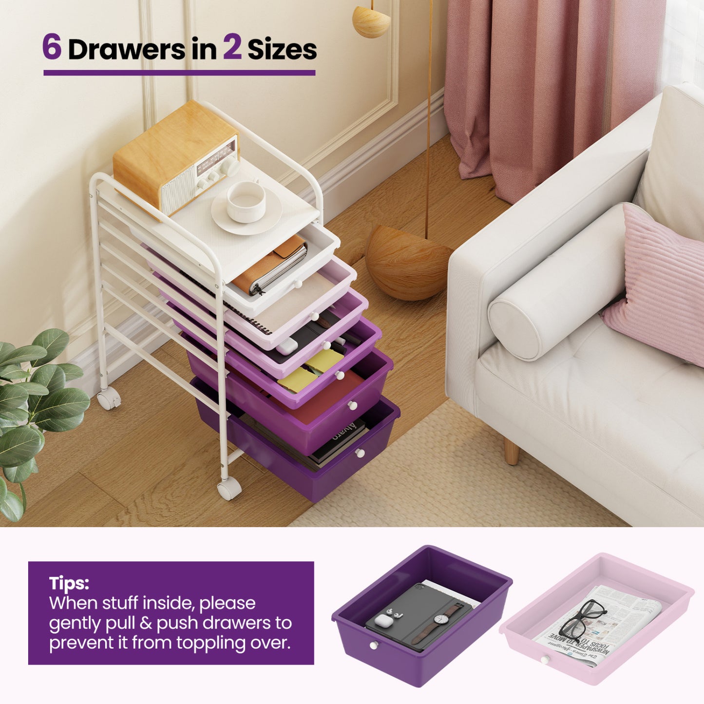 6 Drawers Rolling Storage Cart Organizer, Purple Gradient File Cabinets at Gallery Canada