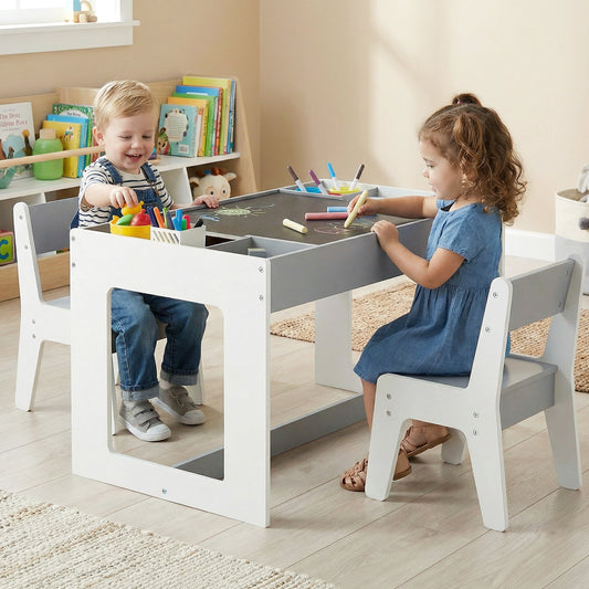Multifunctional Kids Table and 2 Chairs Set with Chalkboard, Gray Kids Table & Chair Sets Gray at Gallery Canada