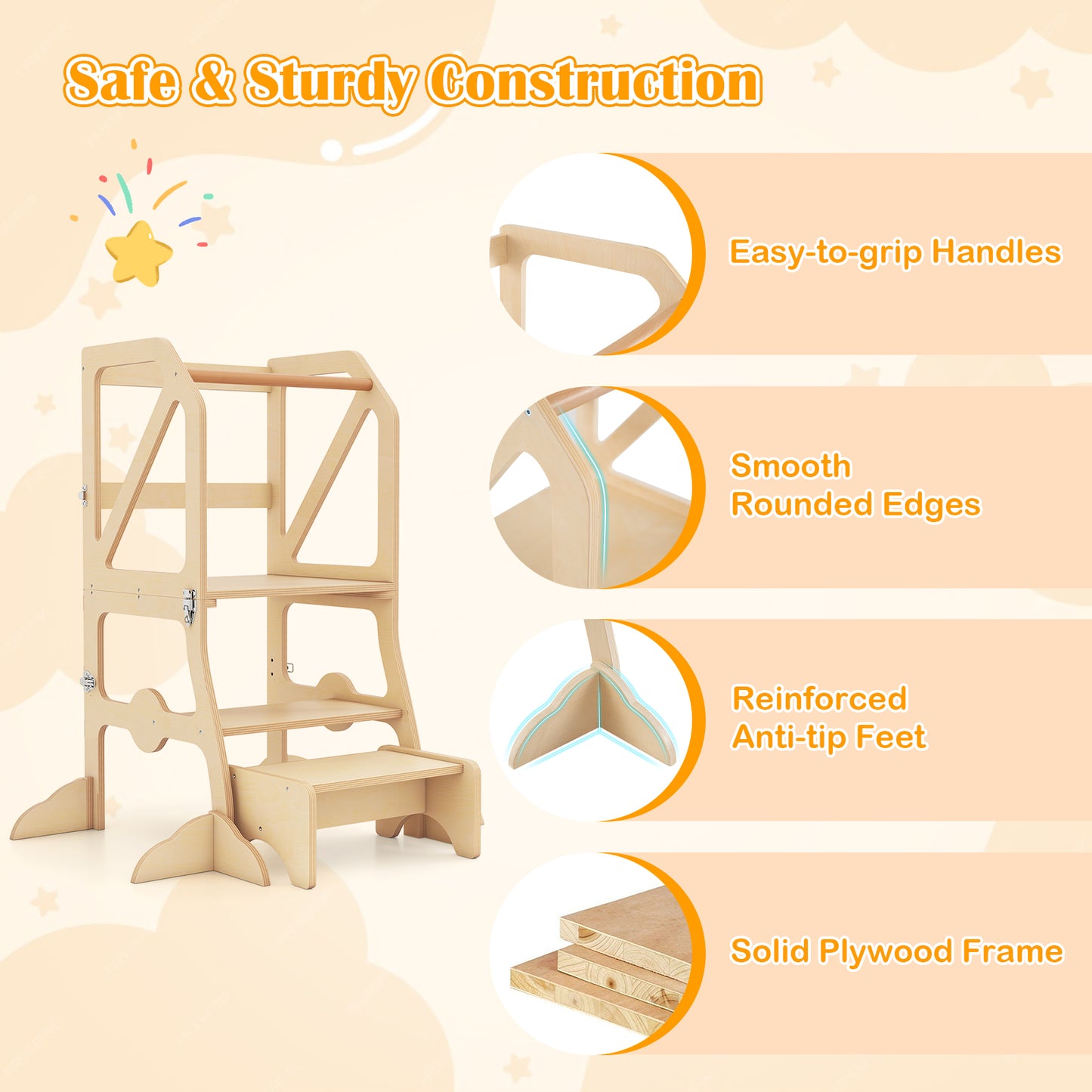 Multifunctional Kids Kitchen Step Stool with Removable Safety Bar and Fixing Buckles Toddler & Kids Furniture at Gallery Canada