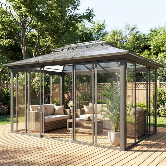 10' x 14' Aluminum Hardtop Gazebo, Sliding Doors, Double Roof, Dark Grey Gazebos Dark Grey, Clear at Gallery Canada