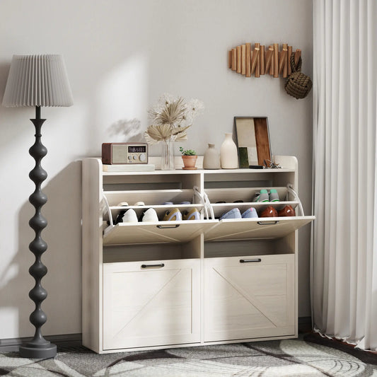 Narrow Shoe Storage Cabinet, 4 Flip Drawers, Adjustable Shelves, 16 Pair, White Oak Shoe Storage Cabinets & Racks White Oak at Gallery Canada