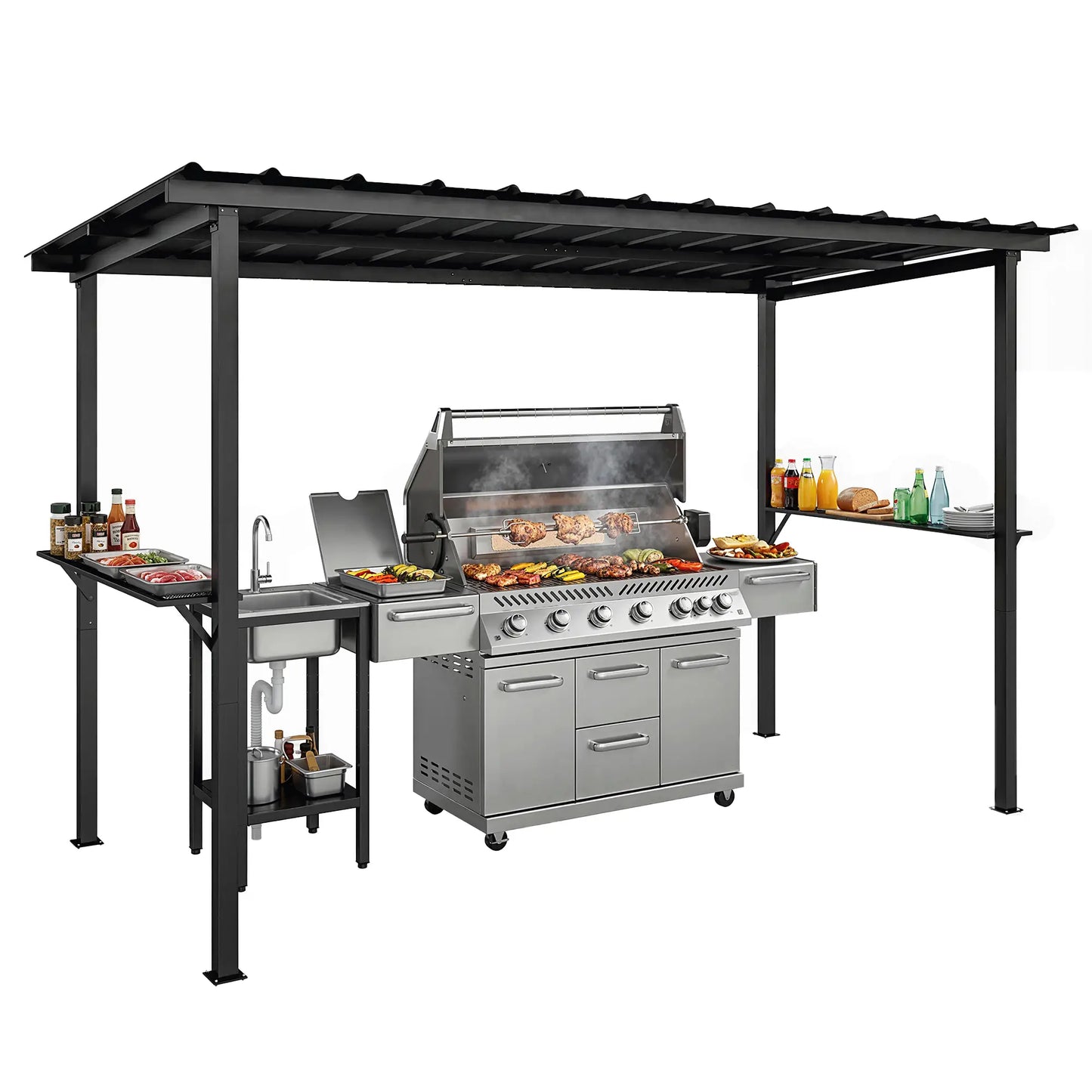 12' x 6' Hardtop Grill Gazebo, Metal Roof, 2 Side Shelves, Black BBQ Grill Gazebos at Gallery Canada