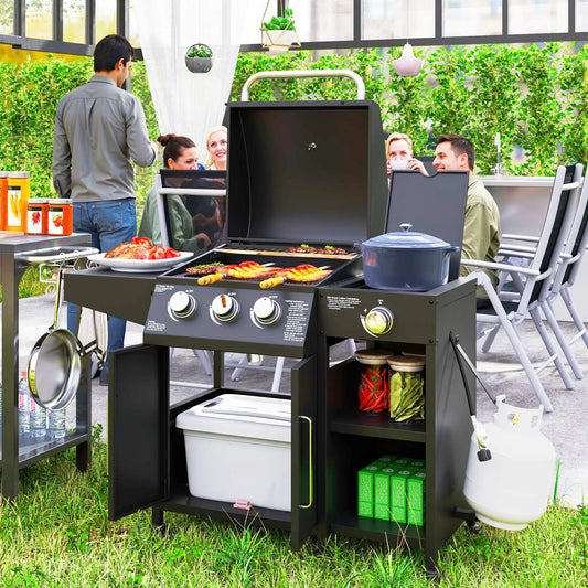 3 Burner Gas Grill With Side Burner, 9.5 KW Propane BBQ Grill, Cabinet Style Propane Gas Grills Black at Gallery Canada