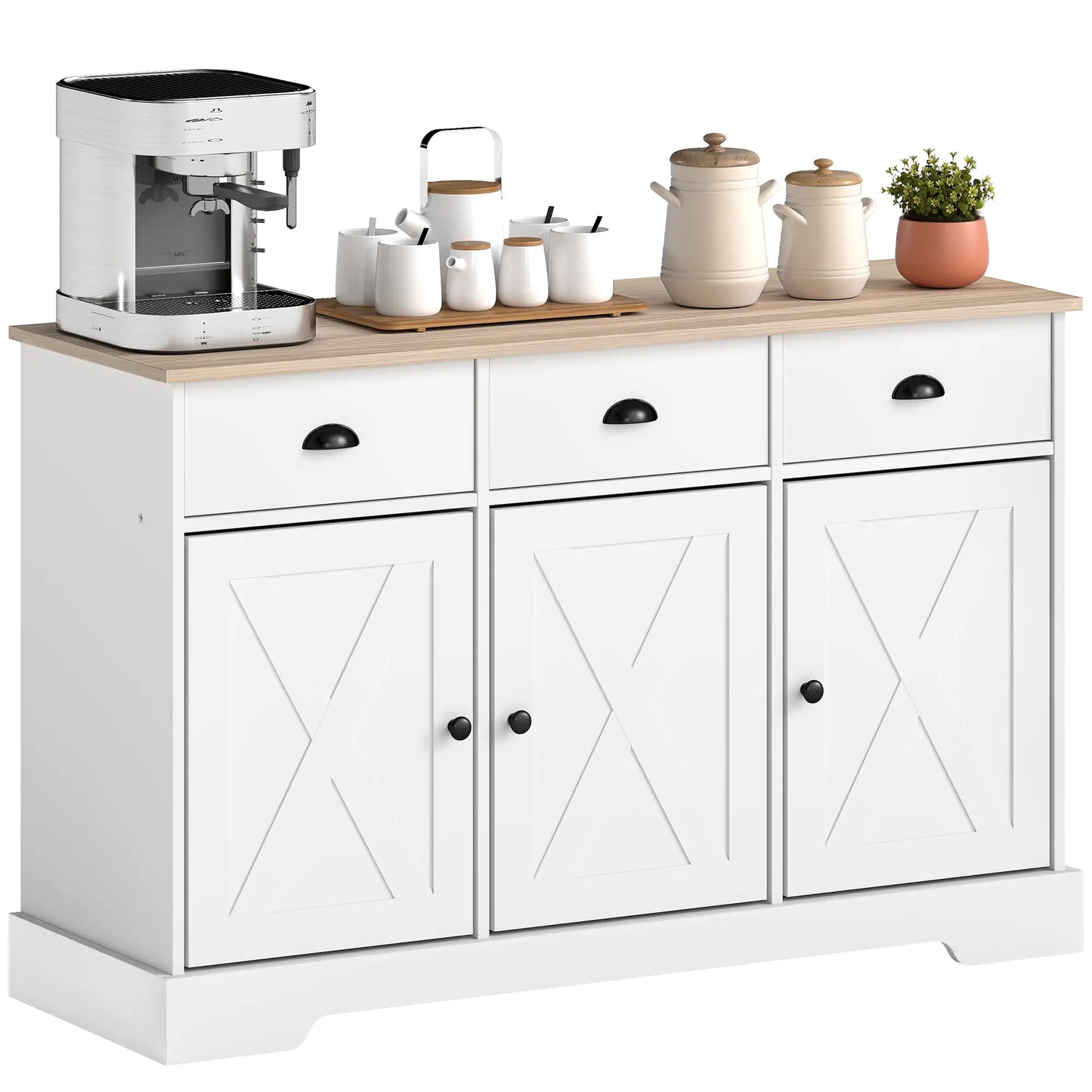 46.5" Buffet Cabinet, Farmhouse Sideboard, 3 Barn Doors, 3 Drawers, White Bar Cabinets at Gallery Canada