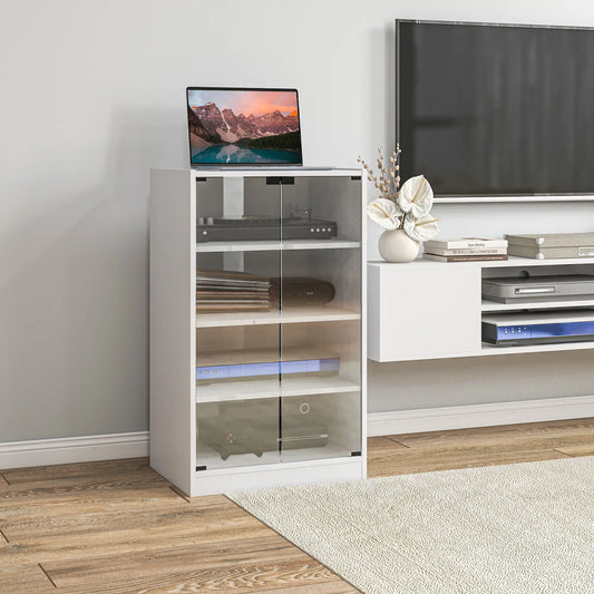 5-Tier Media Cabinet, Adjustable Shelves, Tempered Glass Doors, Distressed, White Storage Cabinets Distressed White at Gallery Canada