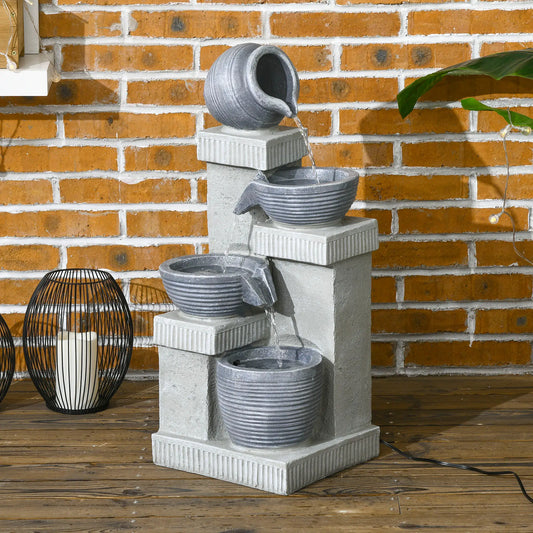 4-Tier Outdoor Jar Water Fountain, LED Lights, Adjustable Flow, 26.4-inch