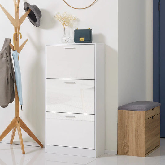 Slim Shoe Storage, 3 Flip Drawers, Adjustable Shelves, 15 Pair, High Gloss, White Shoe Storage Cabinets & Racks High Gloss White at Gallery Canada