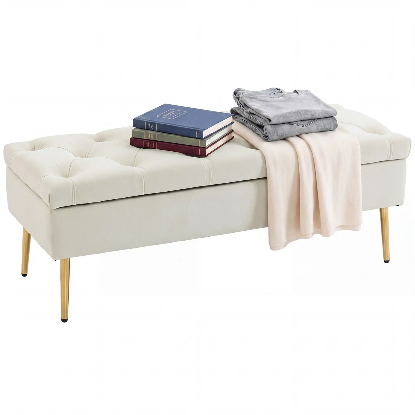 Upholstered Bedroom Bench with Gold Tone Metal Legs, Velvet Tufted and Thick Padding, Beige