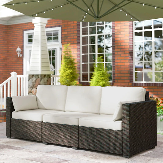 3-Seater Outdoor Sofa, PE Rattan Patio Couch, Cream White