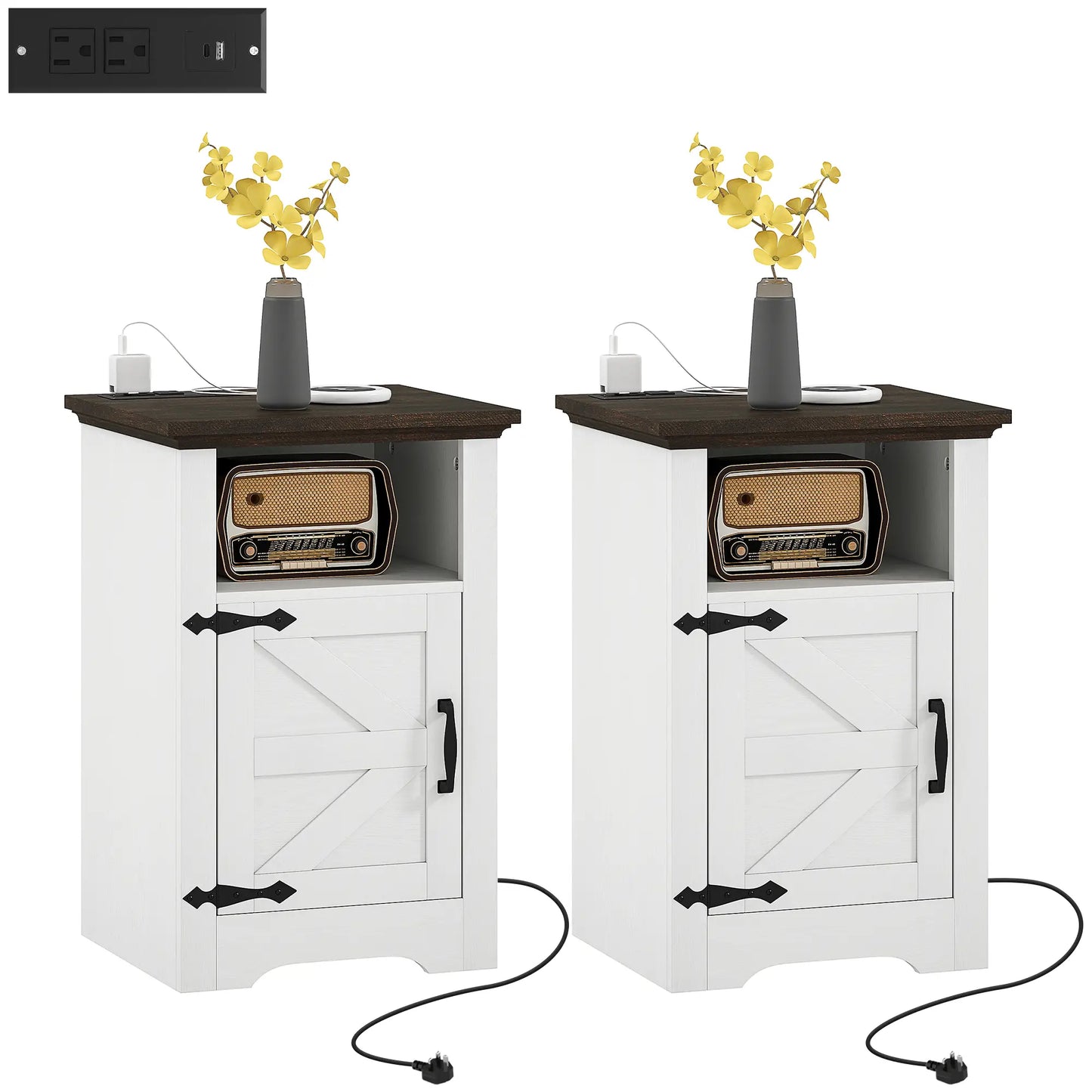 Set of 2 Side Tables, Night Stands with Outlets, White Side Tables at Gallery Canada