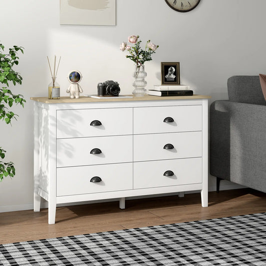 Commode 6 tiroirs avec glissières silencieuses, moderne pour chambre, blanc