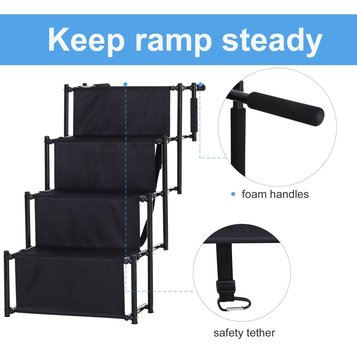 4 Step Foldable Portable Pet Stairs Ramp Compact and Lightweight Nonslip Oxford Waterproof, includes safety tether for Indoor Outdoor Use, Black at Gallery Canada