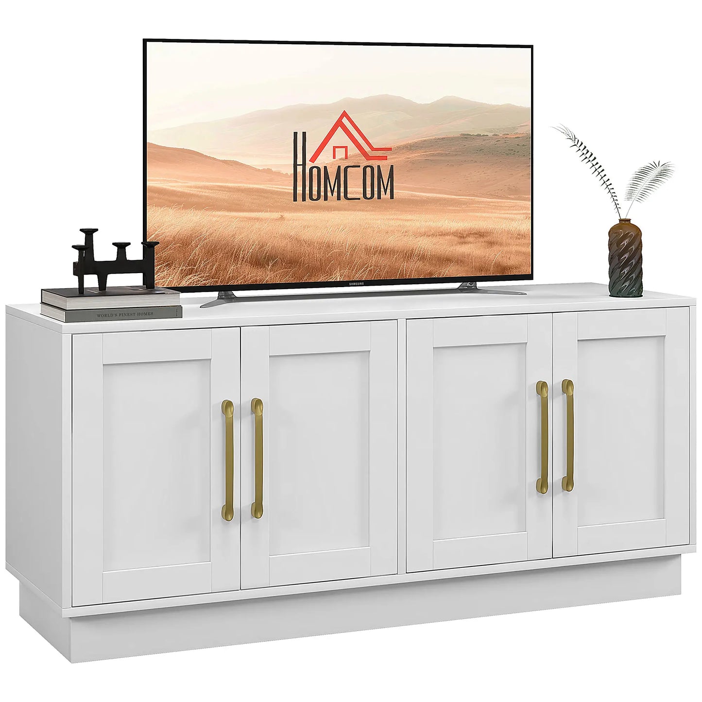 Modern TV Stand for 55" TV, Cabinet with 4 Doors, 2 Shelves, White TV Stands at Gallery Canada