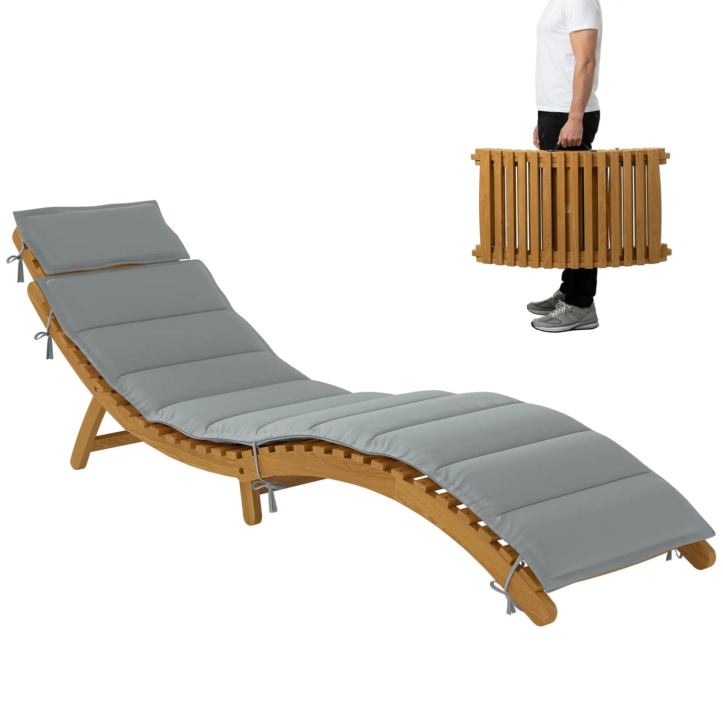 Folding Acacia Wood Chaise Lounge Chair with Cushion, Light Grey Lounger Chairs at Gallery Canada
