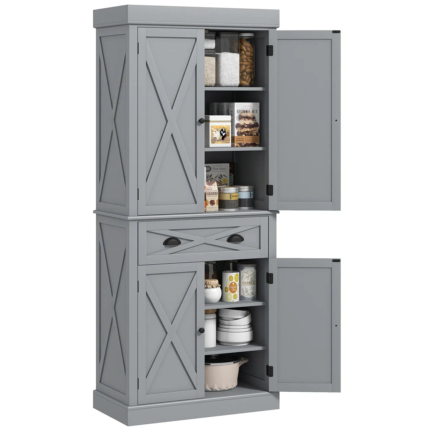 72.5" Kitchen Pantry Cabinet, 4 Doors, Drawer, Adjustable Shelves, Grey Kitchen Pantry Cabinets at Gallery Canada