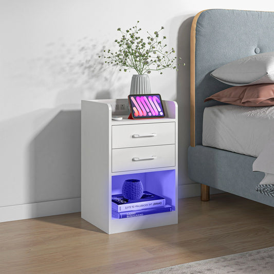Tall Nightstand with Charging Station and LED Lights, Small Bedside Table with AC Outlets, USB Ports, 2 Drawers, Shelf Bedside Tables White at Gallery Canada