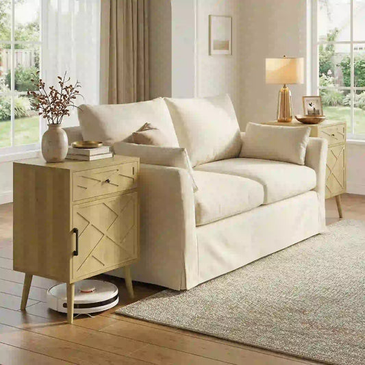 Nightstand Set Of 2, Oak, With Drawer And Cabinet Storage Side Tables Oak at Gallery Canada