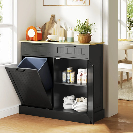 Hidden Garbage Bin Cabinet, Tilt Out Trash, 2 Drawers, Freestanding, Black Bar Cabinets Black, Oak at Gallery Canada