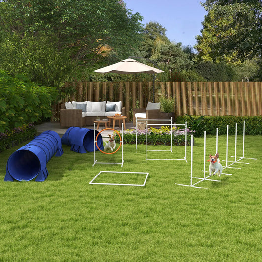 7 Pcs Dog Agility Kit, Tunnels, Weave Poles, Adjustable Hurdles, Blue Dog Agility Training Equipment White, Orange, Blue at Gallery Canada