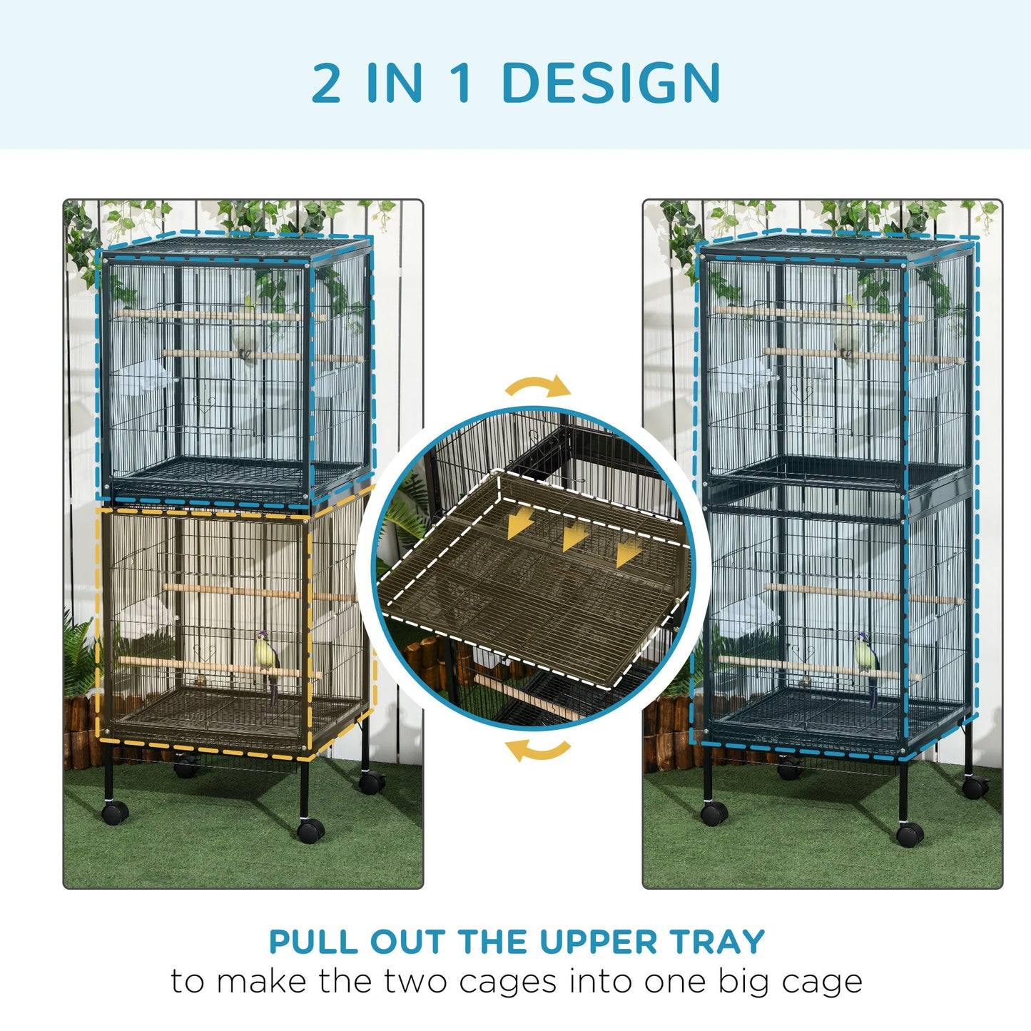 55.1" 2 In 1 Bird Cage Aviary Parakeet House for finches, budgies with Wheels, Slide-out Trays, Wood Perch, Food Containers, Black at Gallery Canada