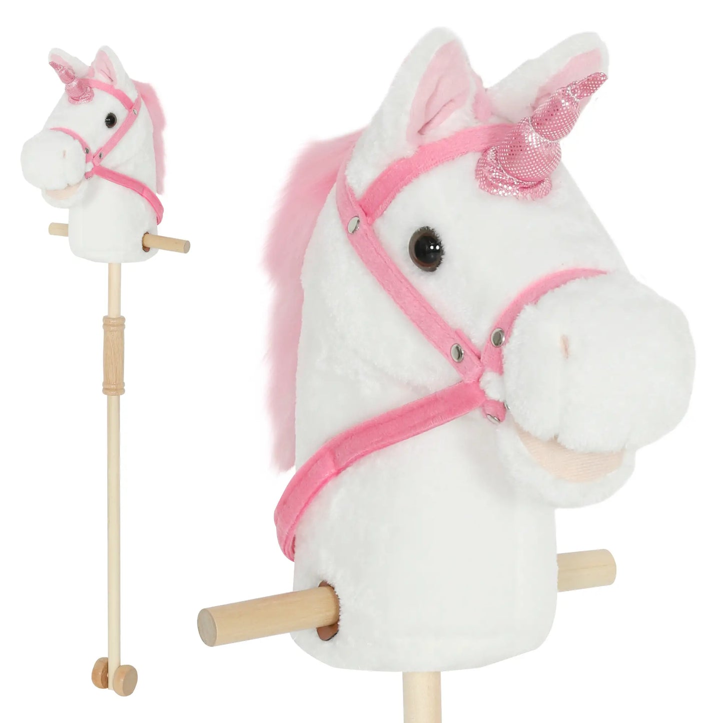 Unicorn Stick Horse, Plush with Wood Wheels, Neighing Sounds, White Rocking Horses at Gallery Canada